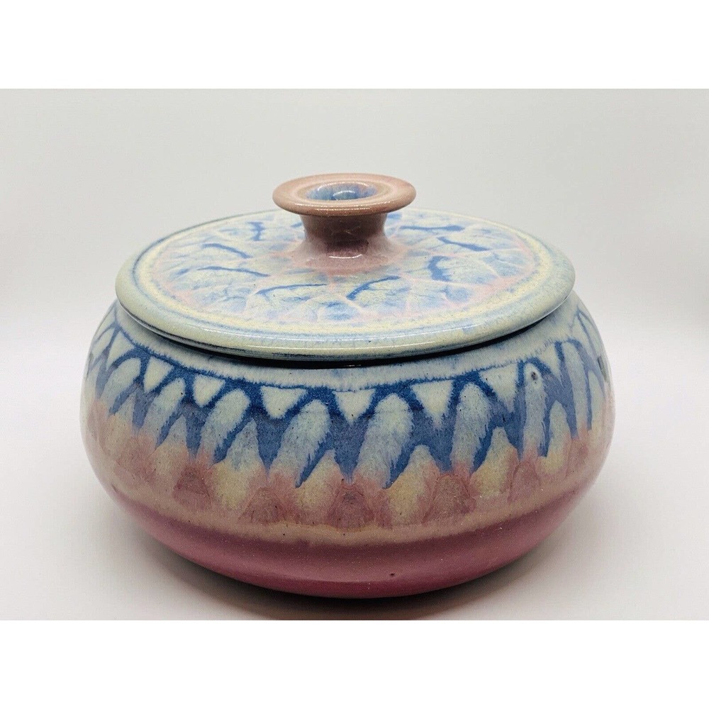 Studio Art Pottery Red Clay Serving Dish w/Lid Pink/blue Ombre Artist signed Lee